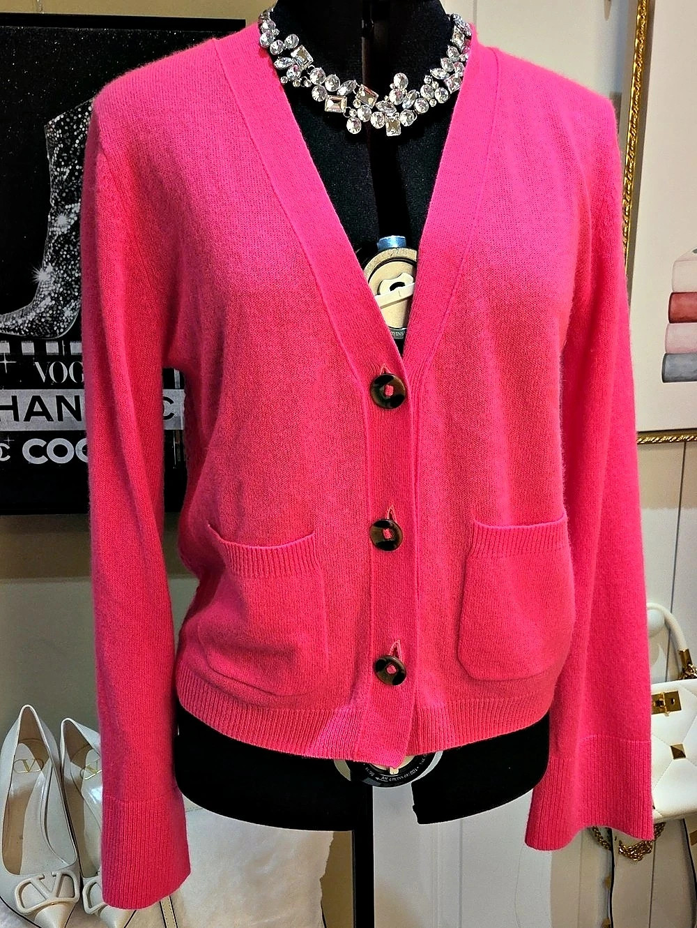Nwt Medium Brodie Cashmere Caroline Cashmere Cardigan Neon Pink